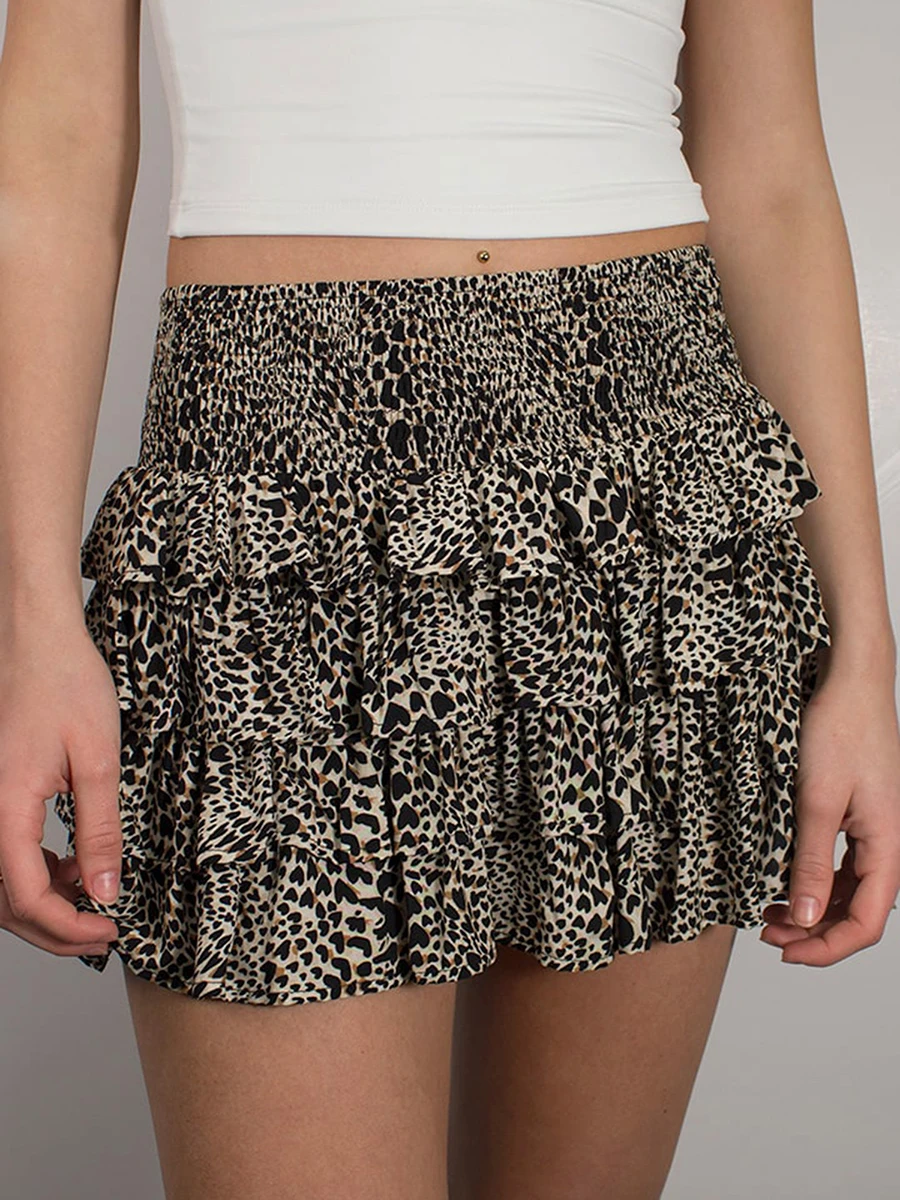 Falda con estampado de leopardo para mujer, Falda corta de línea a con volantes, elástica, de cintura alta, a la moda, ropa de calle de verano