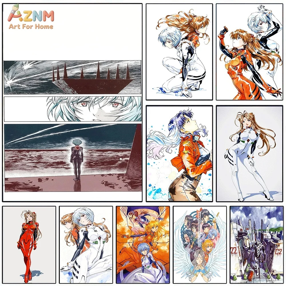 AZNM Neon Genesis Evangelion Canvas Poster EVA Asuka Rei Manga Panel Sketch Vintage Anime Frameless Wall Art Print Decor