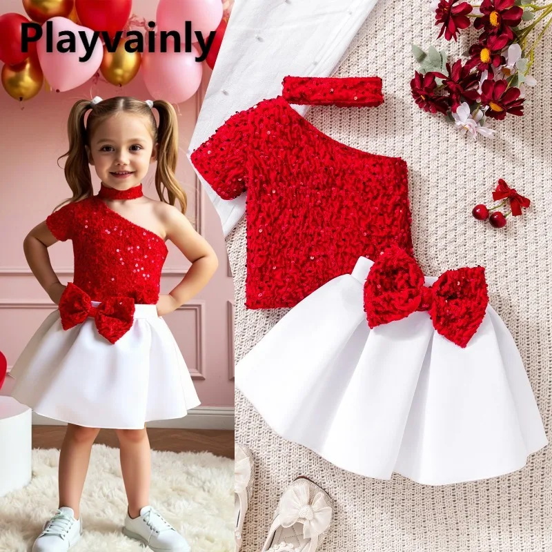 

Летний комплект для девочек 2026: милый красный топ без рукавов с пайетками на бретельках + юбка с большим бантом, наряд для выступлений и вечеринок для малышей A1204
