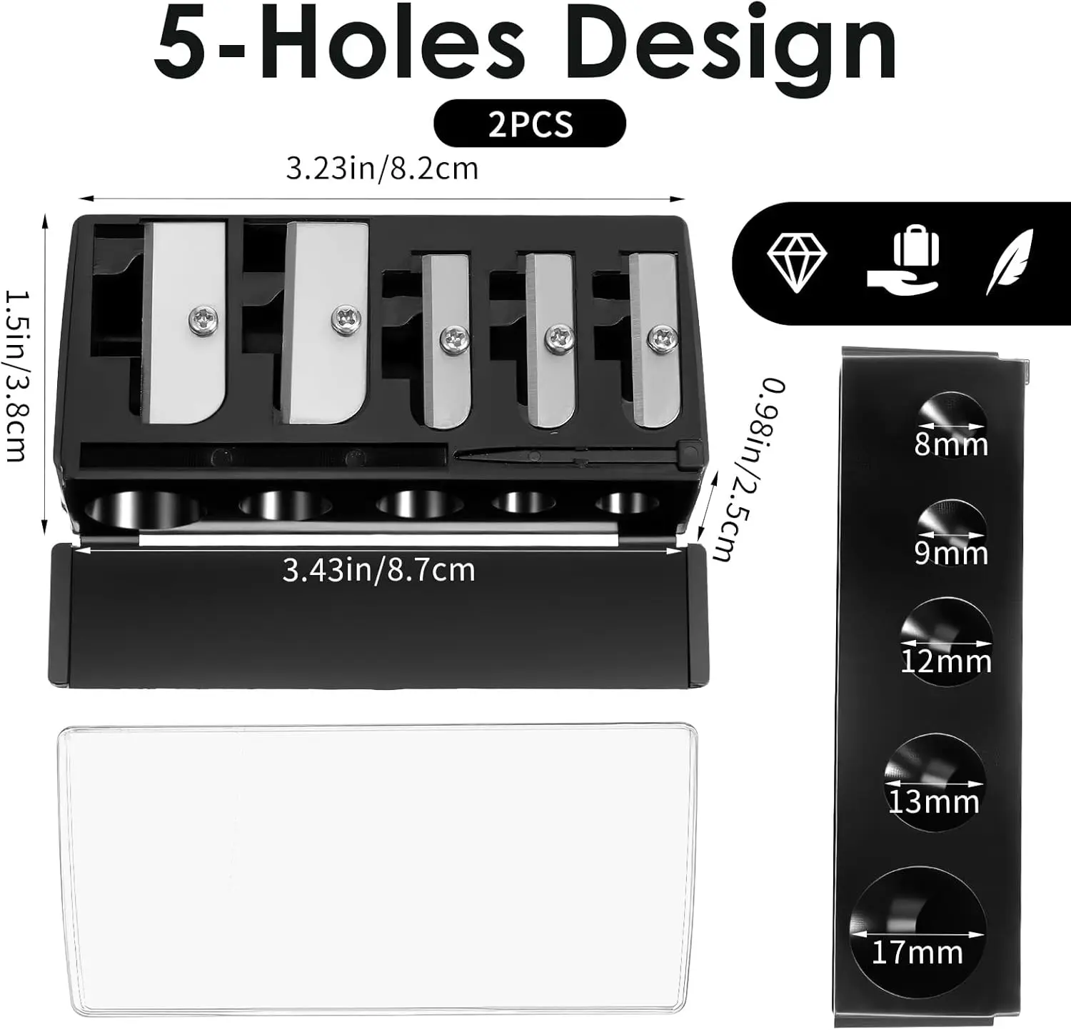 5-Hole Cosmetic Pencil Sharpener for Eyeliner, Eyebrow & Lip Liners - Compact with Lid view 2