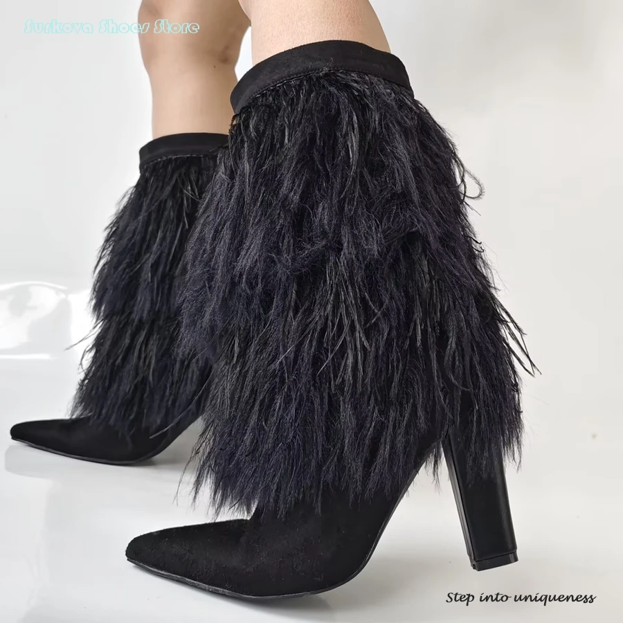 Surkova Black Faux Fur Square Heel Boots Pointed Toe Square Heel Suede Mid-Calf Boots Women's Autumn Winter Warm Modern Boots