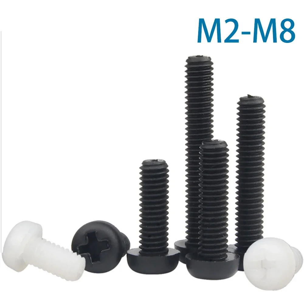 

20-100Pcs M2 M2.5 M3 M4 M5 M6 M8 Metric Thread Black White Nylon Plastic Phillips Pan Head Cross Round Screw Bolt L=4-60mm