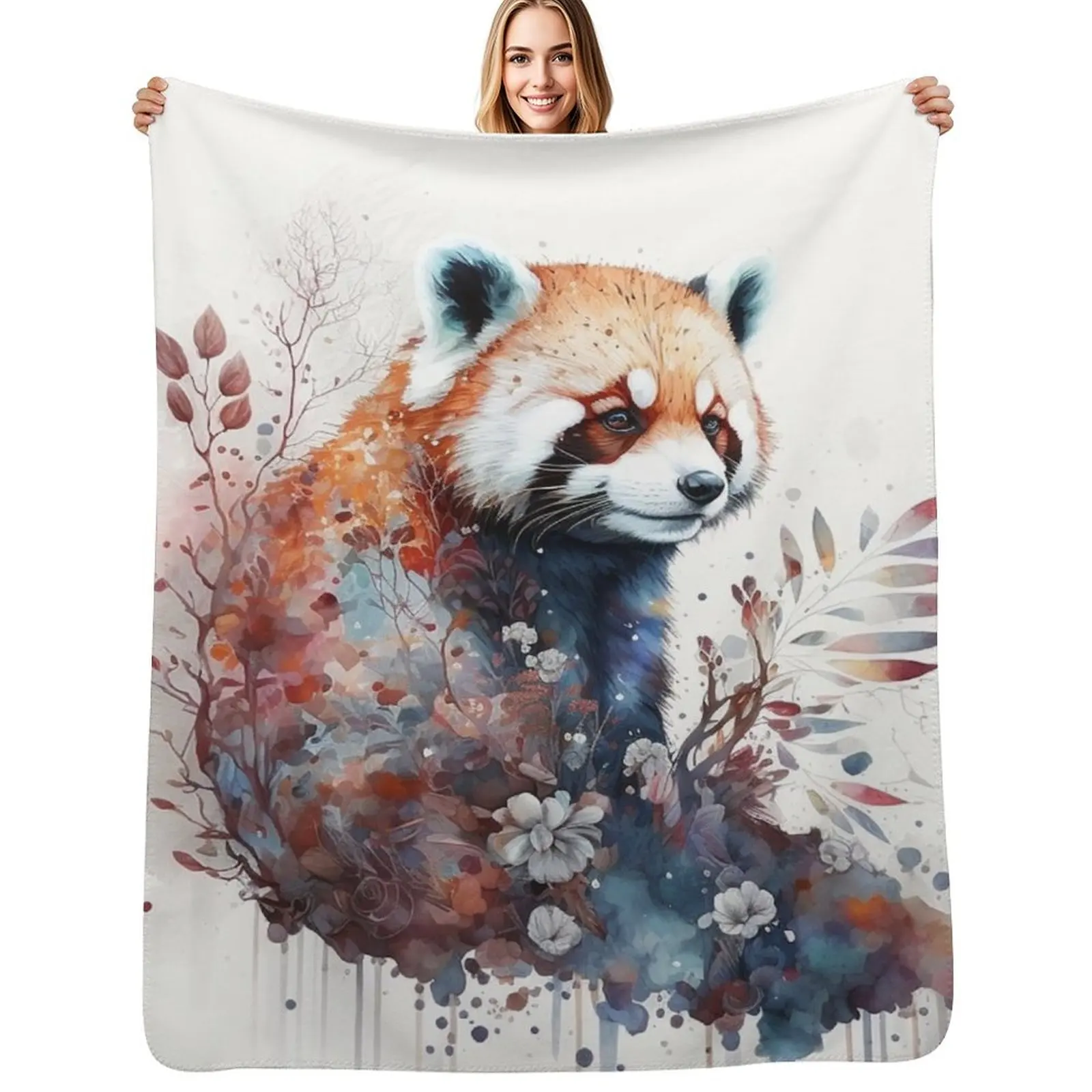 Watercolor Red Panda in Nature, Floral Design Throw Blanket Wrinkle Resistant Lightweight Blanket