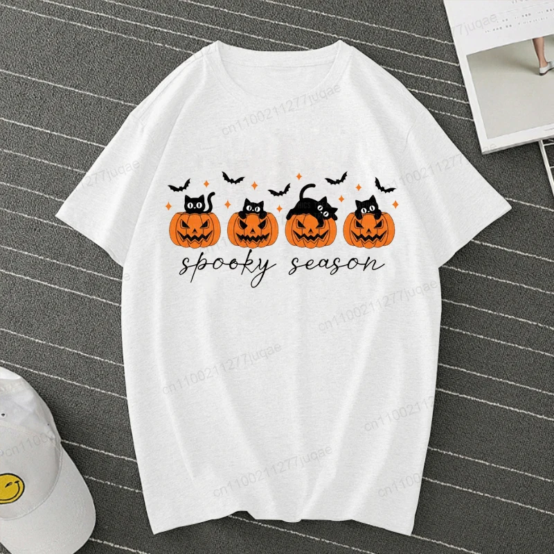 

Футболка с графическим принтом «Жуткий сезон», дышащая повседневная летняя футболка с короткими рукавами, женская модная одежда с тыквой и котом на Хэллоуин