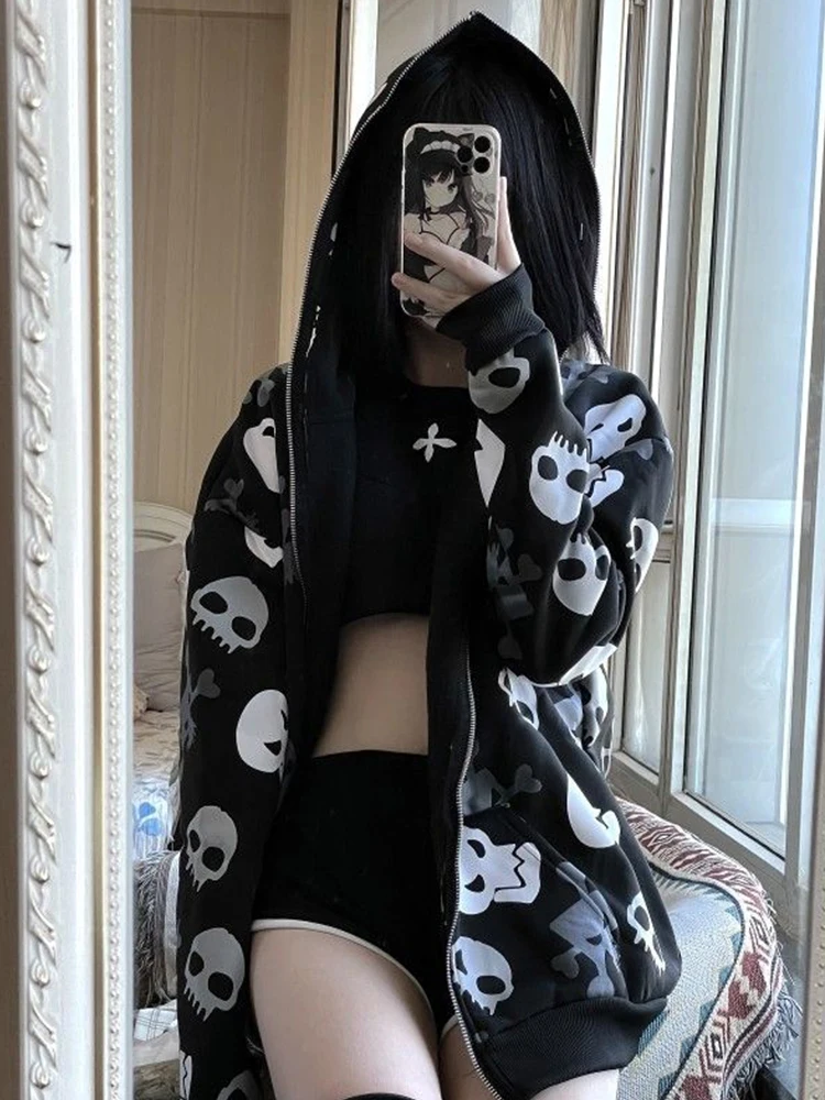 Y2k Sweatshirt Women Mall Goth Harajuku Skull Printed Long Sleeve Zipper Cardigan Hoodie Emo Alt Indie Clothes - view 2
