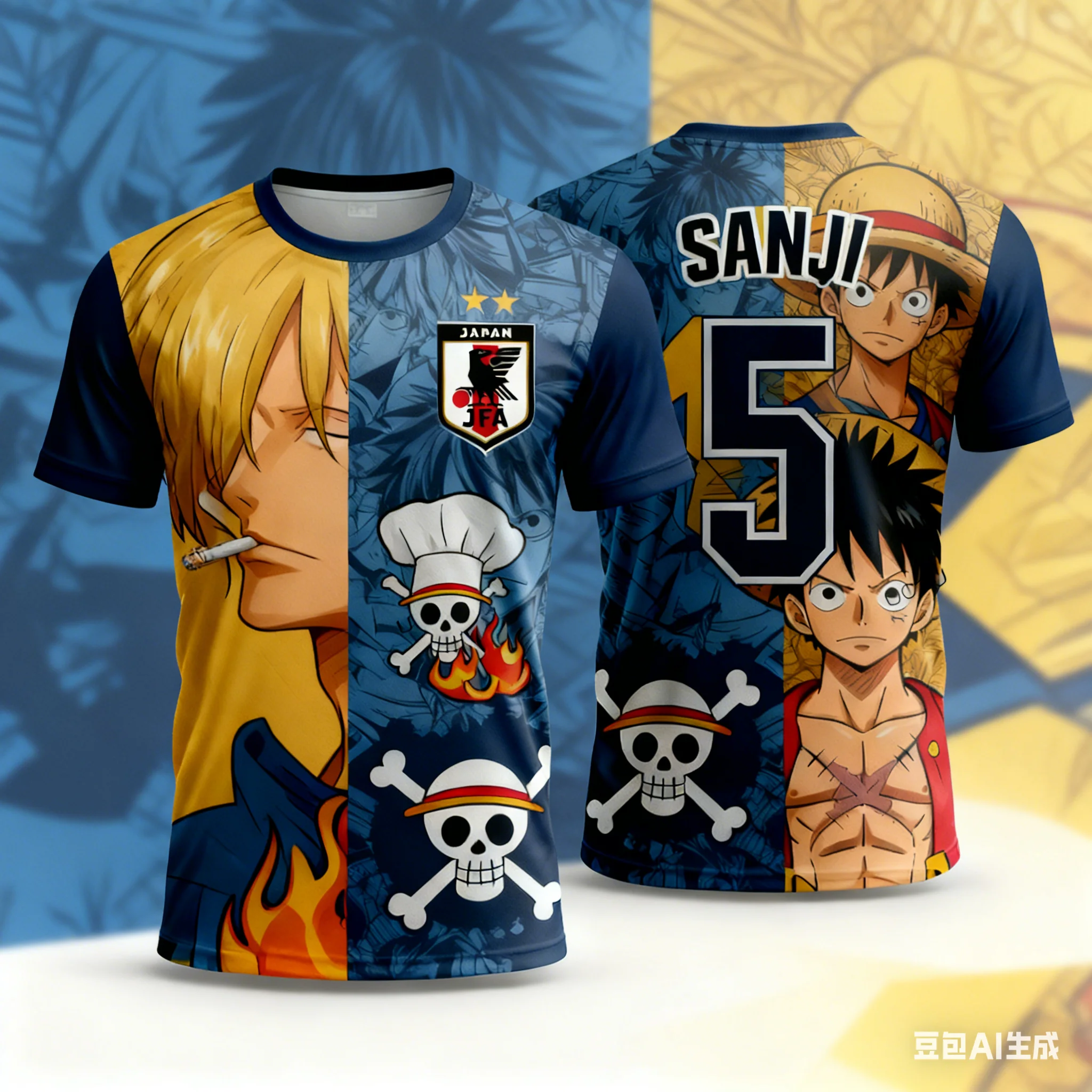 

2526 New Bandai Anime One Piece Luffy Summer Jersey T-shirt Oversized 3D Adult and Children's Multifunctional Top