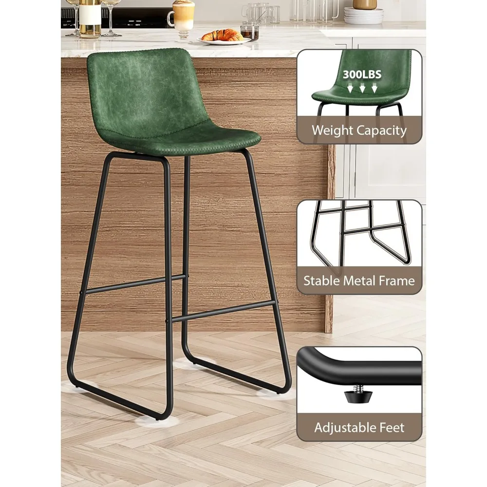 مجموعة مقاعد بار بارتفاع عداد مكونة من قطعتين، جلد صناعي حديث مقاس 30 بوصة مع دعم خلفي وأرجل معدنية ومسند للقدمين للمطبخ الأنيق