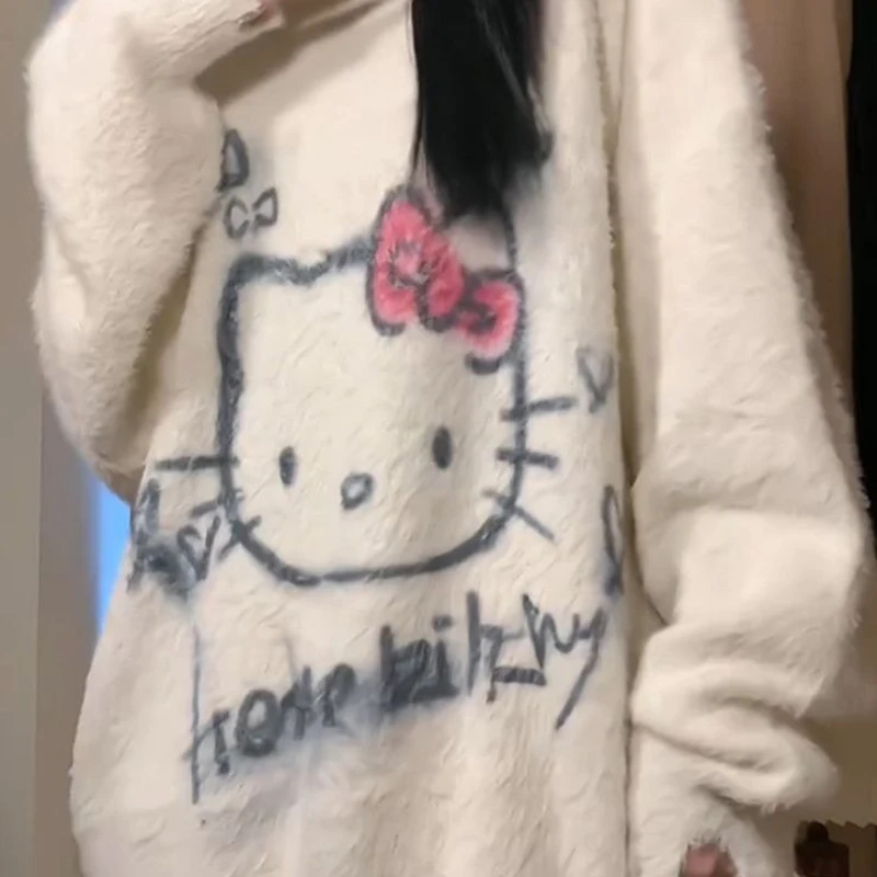 Miniso Hello Kitty Pullover Cartoon Hand Drawn Graffiti Printed Knitted Cardigan New Loose Plush Japanese Girls Sweater