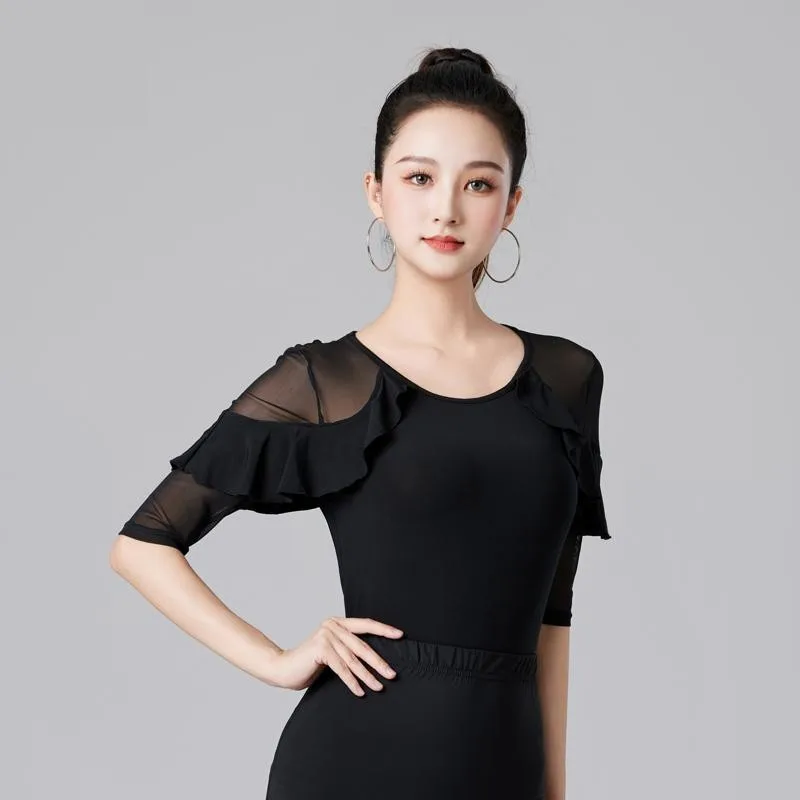 Summer Mesh Patchwork Ballroom Standard Dance Skirts Latin Girls Rhinestones Korean Style Clothing Women Classical Ruffle Tops