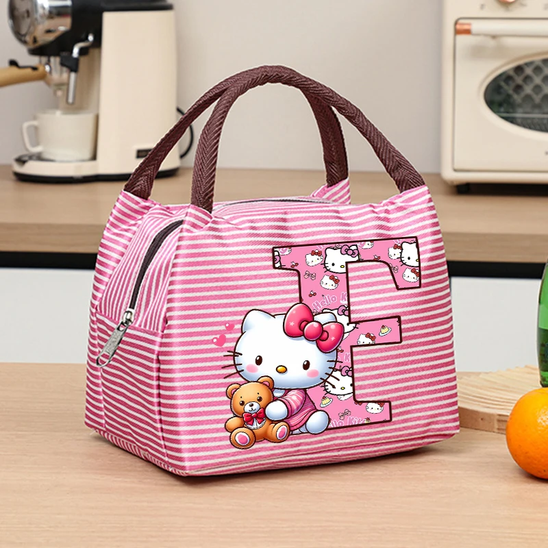 Sanrio Hello Kitty Tas Makan Siang Bergaris Kotak Bento Pelajar Tas Tangan Terisolasi Aluminium Foil Kartun Huruf Kantong Penyimpanan Makanan Portabel