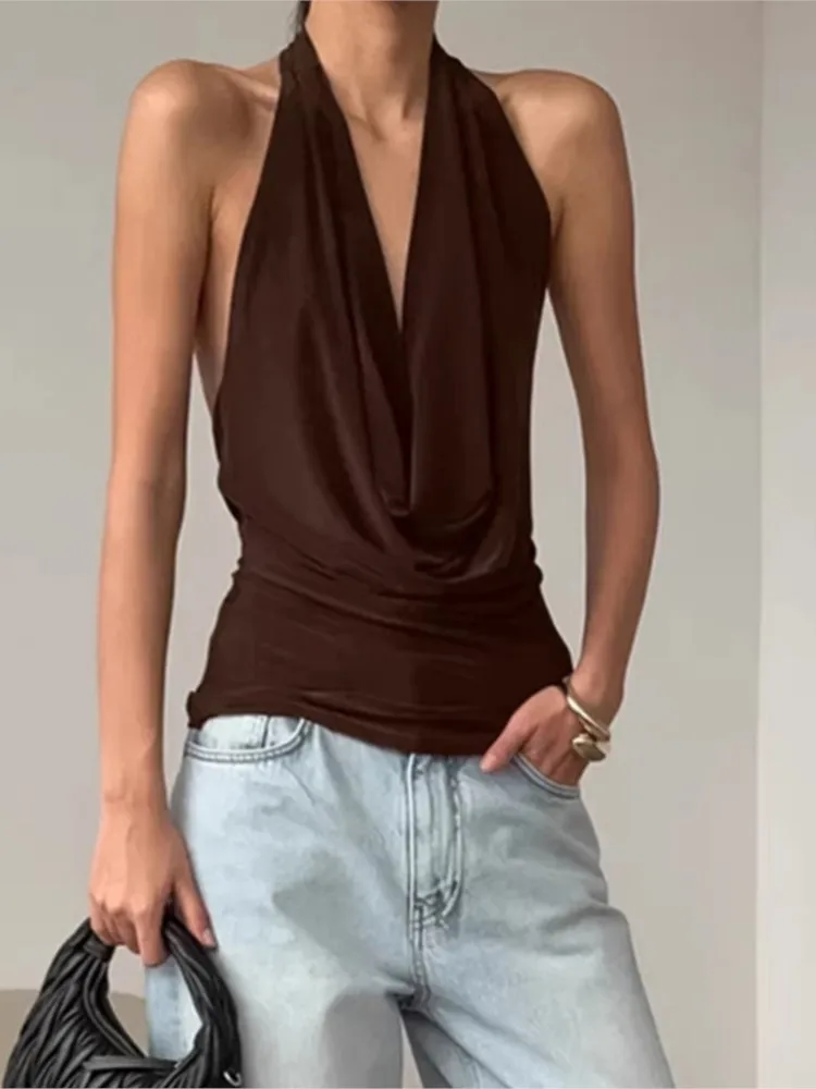 Women's Clothing Halter Neck Top Solid Color Vest Off Shoulder Bodycon temperament Simple Style All-match Sexy Sleeveless Trendy