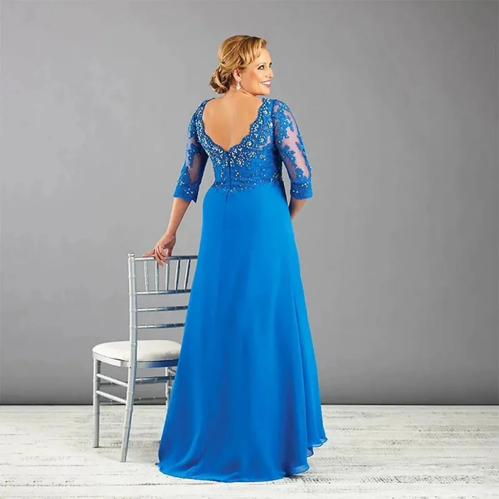 Blue Elegant Mother of The Bride Dresses Customized V-Neck 3/4 Sleeves Lace Beaded A Line Wedding Guest Party Formal Gowns