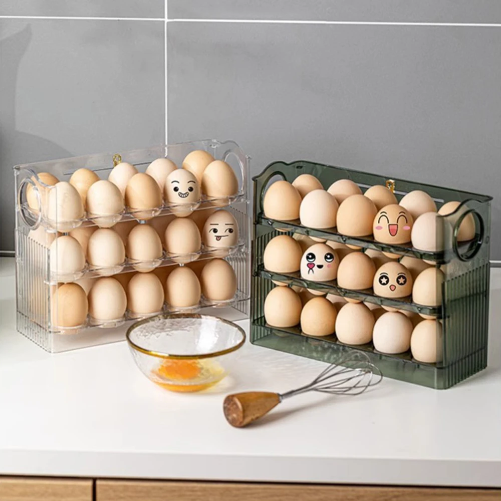 Egg storage rack, 3-layer automatic turning egg storage box, suitable for refrigerator, kitchen, 30 large-capacity storage boxes