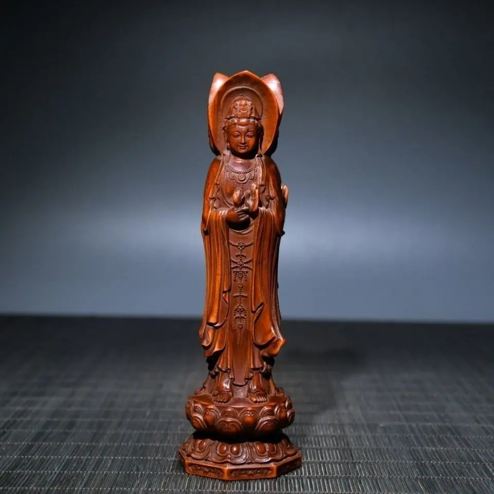 Hand Carved Wood Three-faced guanyin Statue Figurine Desktop Ornaments Home Decoration
