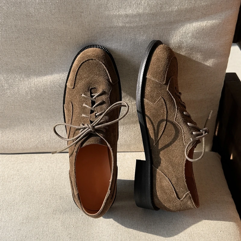 

2026 Fashion News Women Shoes Cow Suede Brown Woman Pumps Lace Up Spring Ballet Casual Loafers Shoes Round Toe Ladies 34-40
