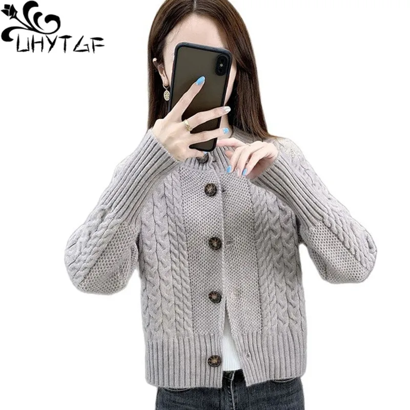 

UHYTGF 2022 Fashion Knitted Cardigan Women Spring Autumn Sweater Coat Single-Breasted Casual Female Tops Jacket Short Sweaters 4