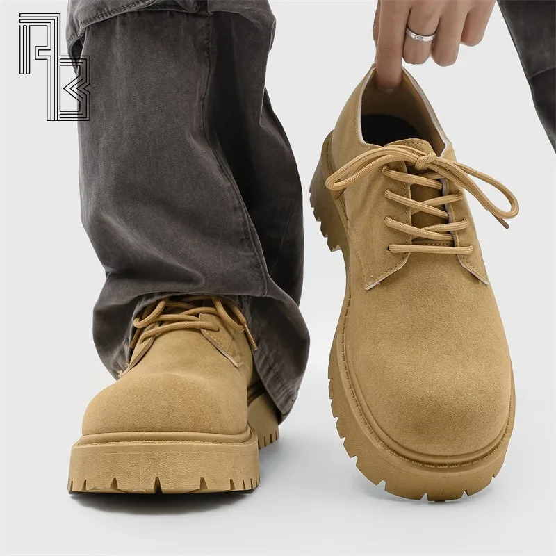 

Men's Derby Shoes Spring Autumn New Style Big Head Low Help Thick Bottom Heightening Round Head Fashion Leather Shoes