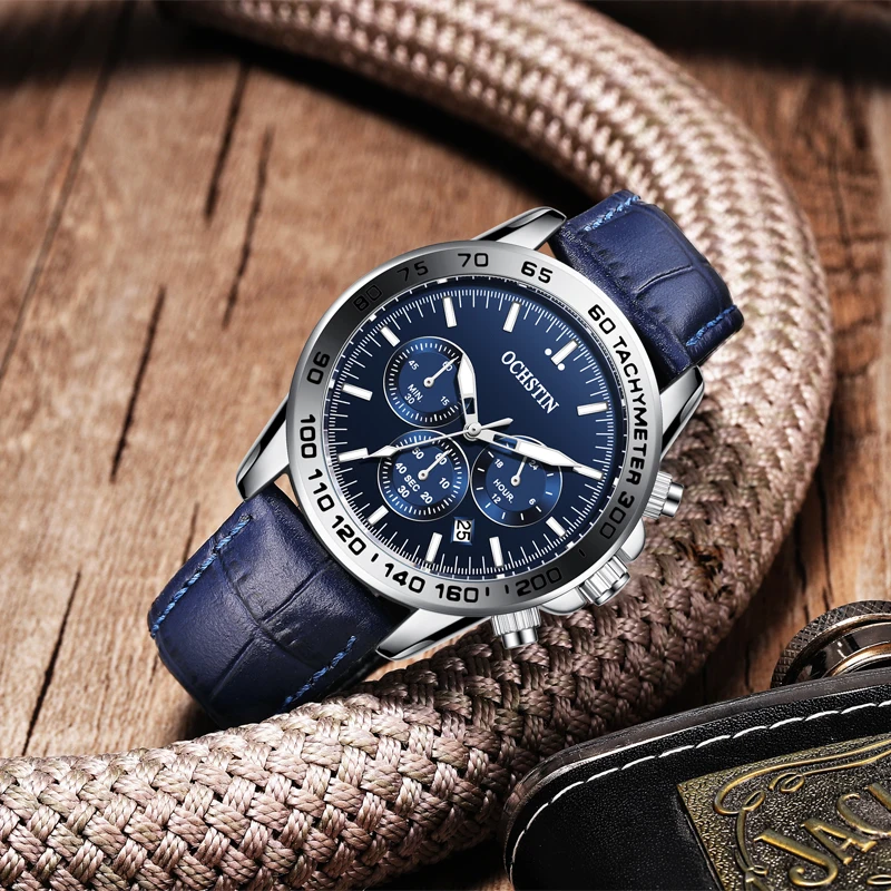 OCHSTIN Man Quartz Multi-Function Movement Wristwatch Men's Genuine Leather Band Prominente Collection Life Waterproof Clock