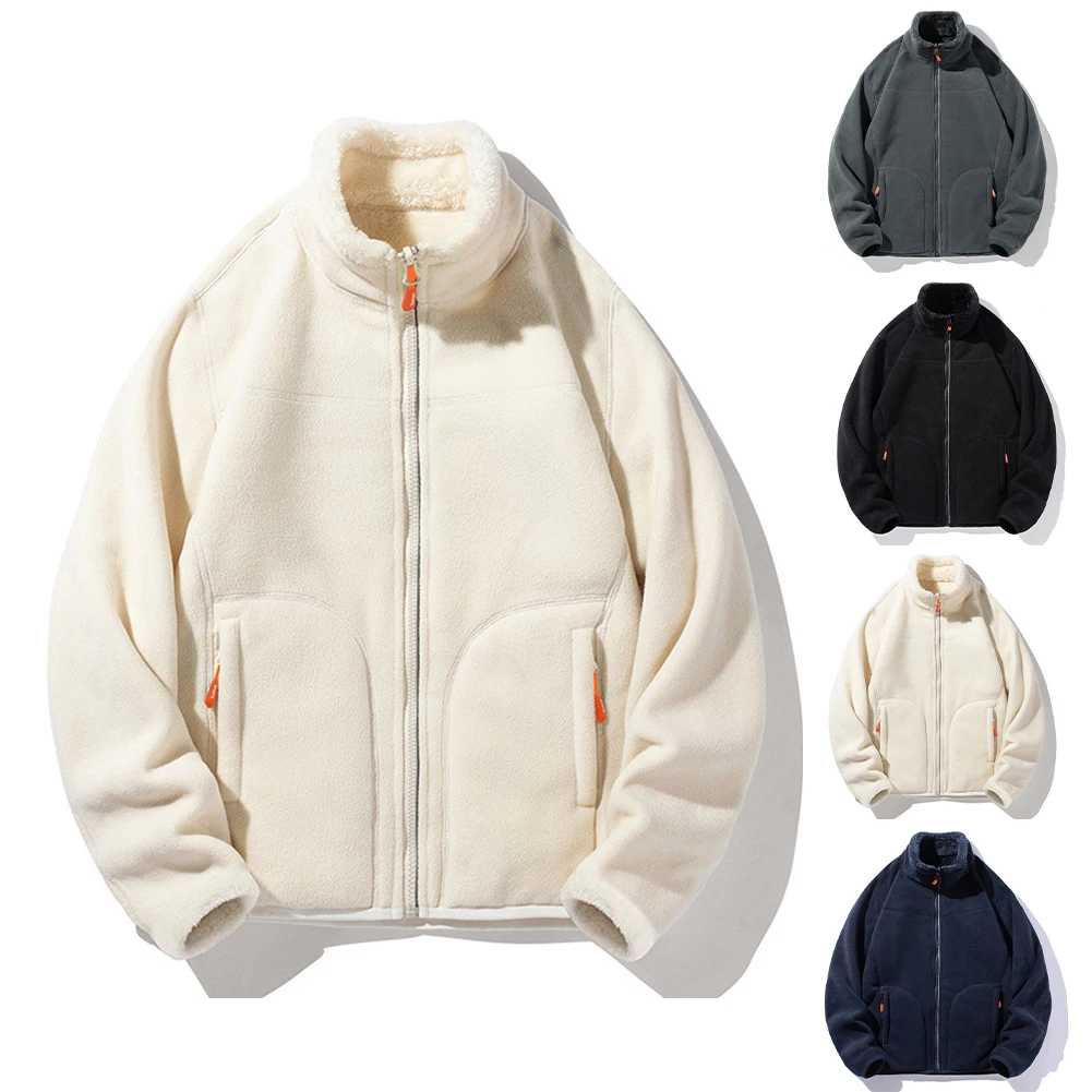 Men Warm Thicked Coral Fleece Cardigan Jacket Coat Casual Outerwear for Outdoor Camping Sportswear in Dark Gray White Black