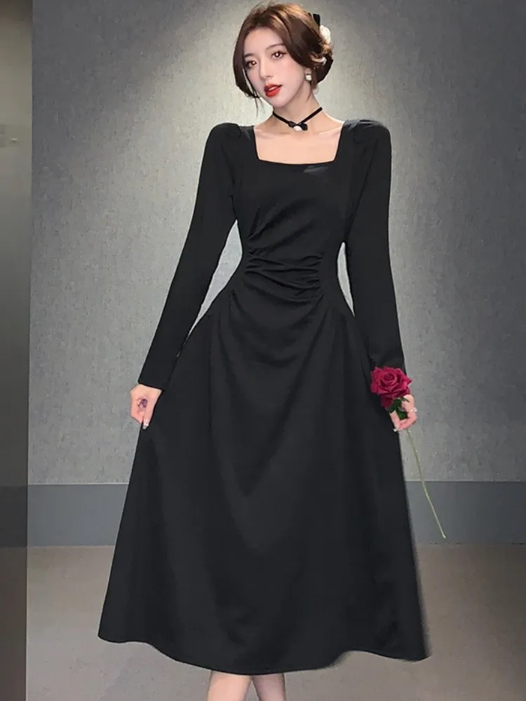 

Vintage Elegant Long Women Party Dress Fall Solid Chic A-Line Casual Black Dresses Korean Fashion Female Birthday Prom Clothes