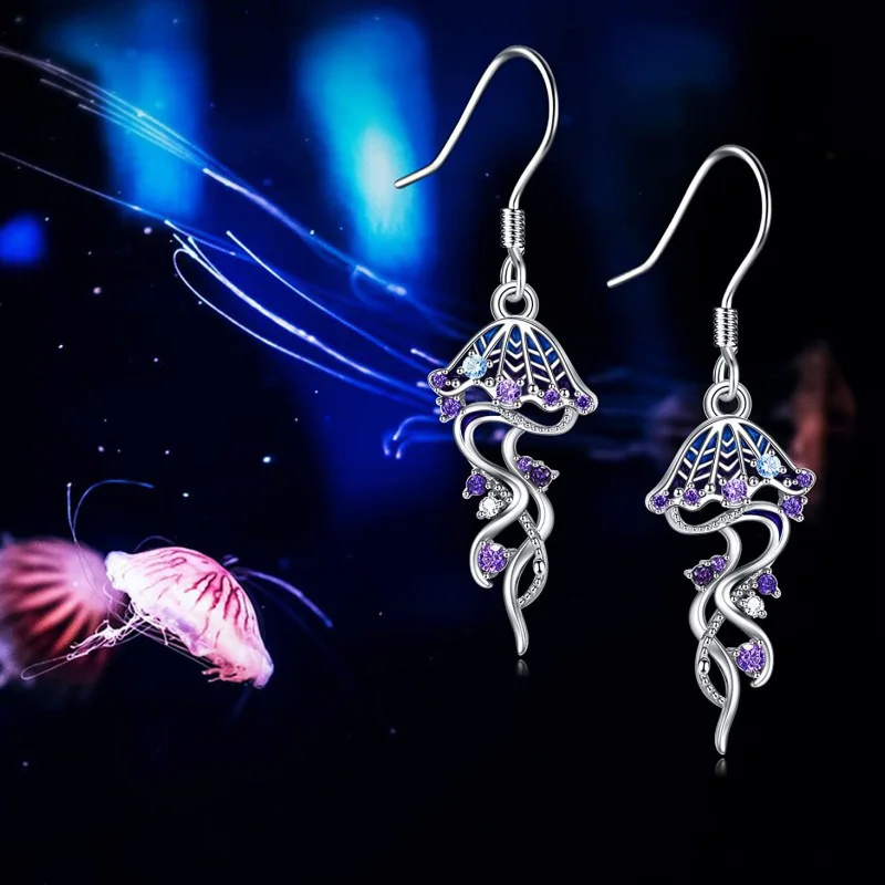 Pendientes de diamantes de imitación de Color plateado con medusas moradas para mujer, joyería colgante de Animal PEQUEÑO para boda