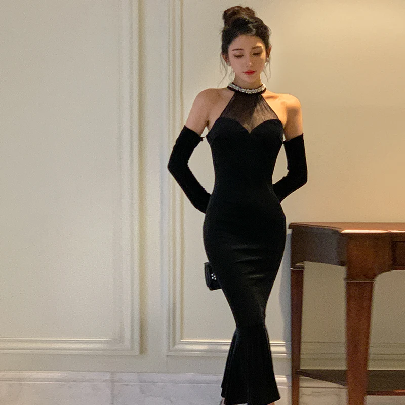 

Sexy Bodycon Black Velvet Midi Dresses for Women Spring Autumn Elegant Sleeveless Mermaid Female Clothing Evening Party Robe New