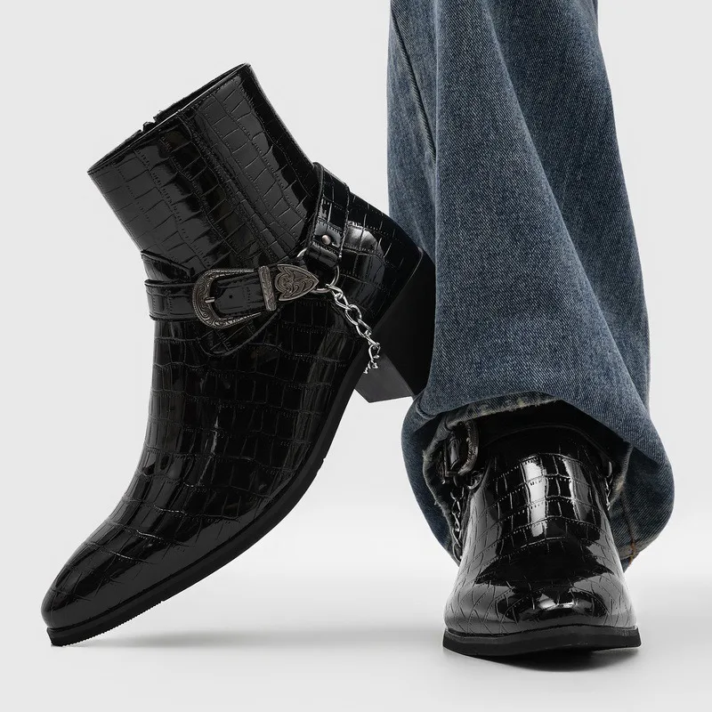 Men's Shoes Fashion Punk Style Chelsea Boots Designer New Pointed High Top Boots for Men Autumn Platform Shoes Buckle High Heels