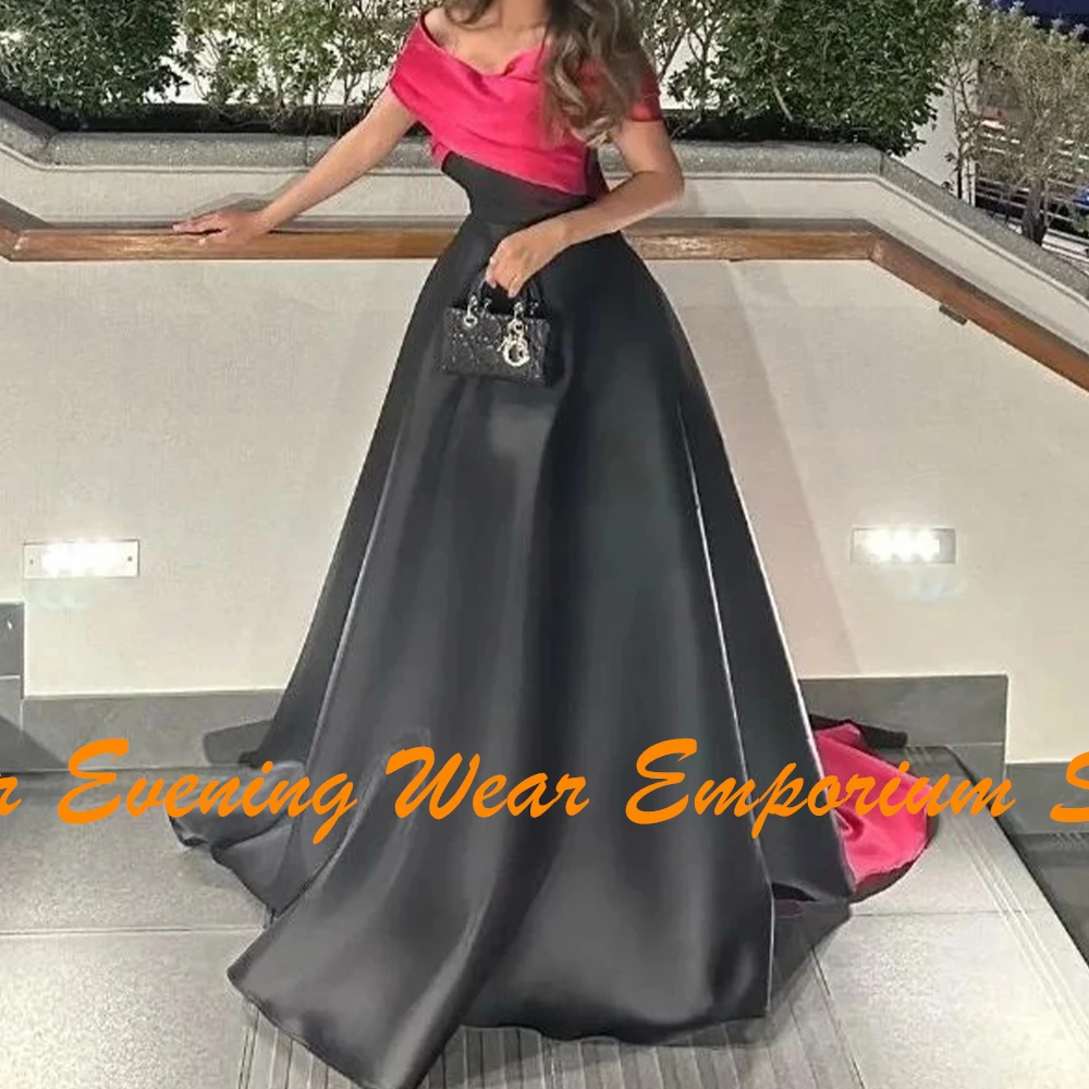 A-Line Off the Shoulder Satin Short Sleeves Black Formal and Temperament Evening Dresses Pleats Contrast Color Saudi Arabia 2024