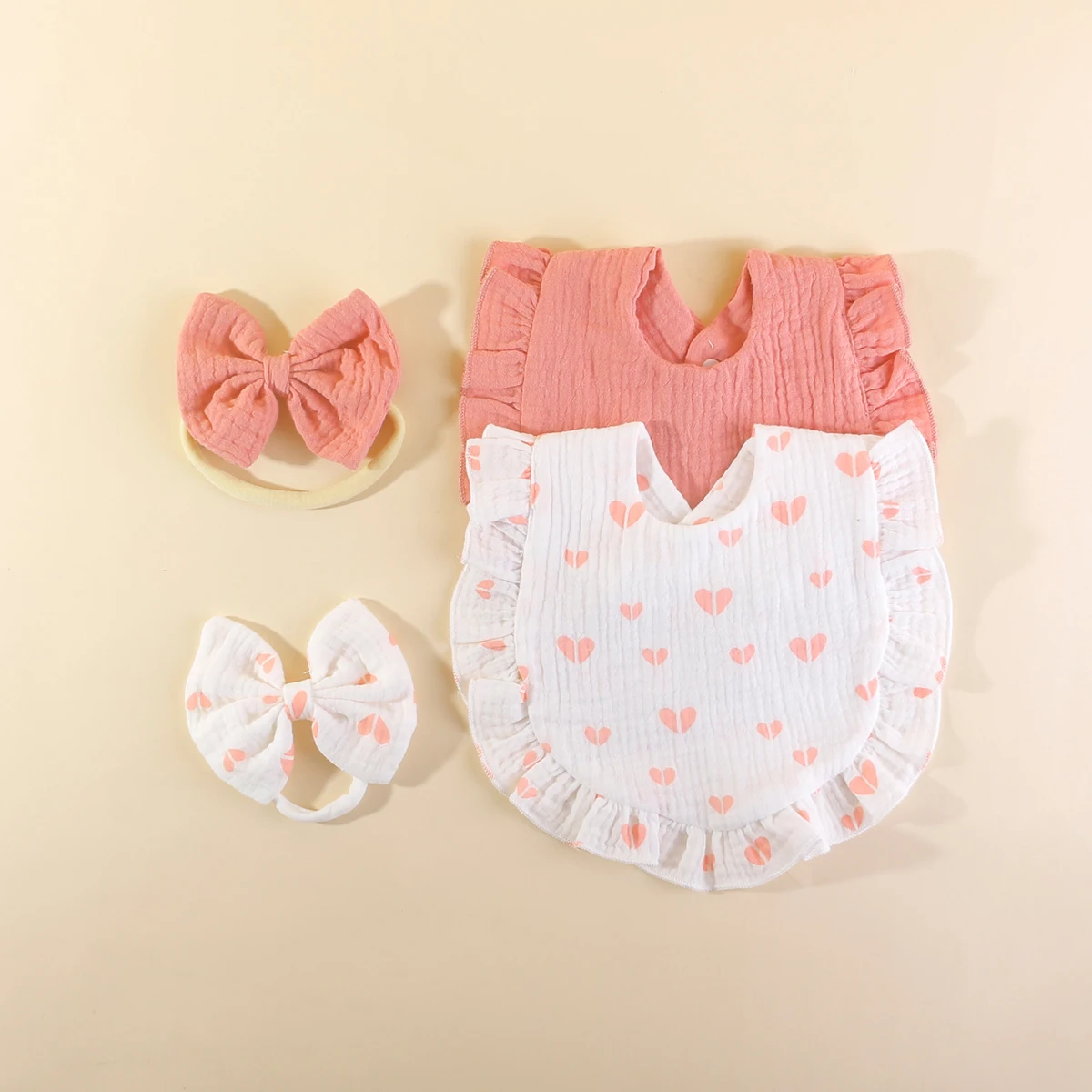 4Pcs Baby Girl Muslin Cotton Feeding Drooling Bibs With Bow Headband Set