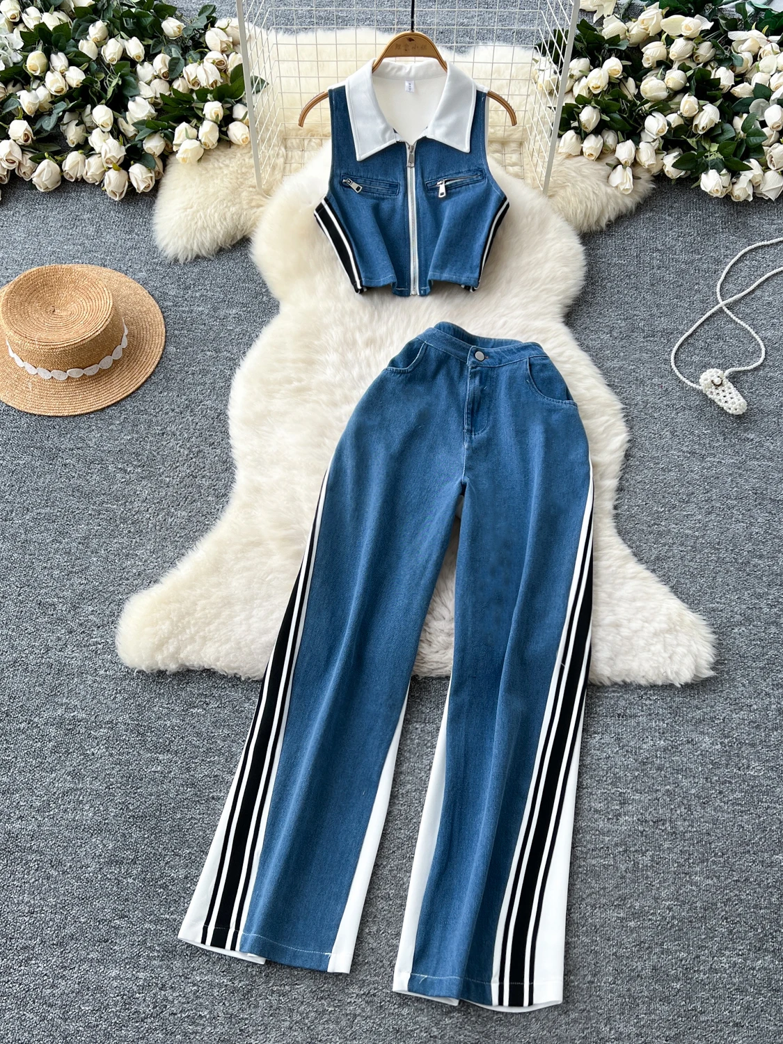 

Faionable Ретро Гонконг Sle Color Blo Высокая талия Широкие джинсы Топ и брюки Комплект Svel ort Length Crop Top