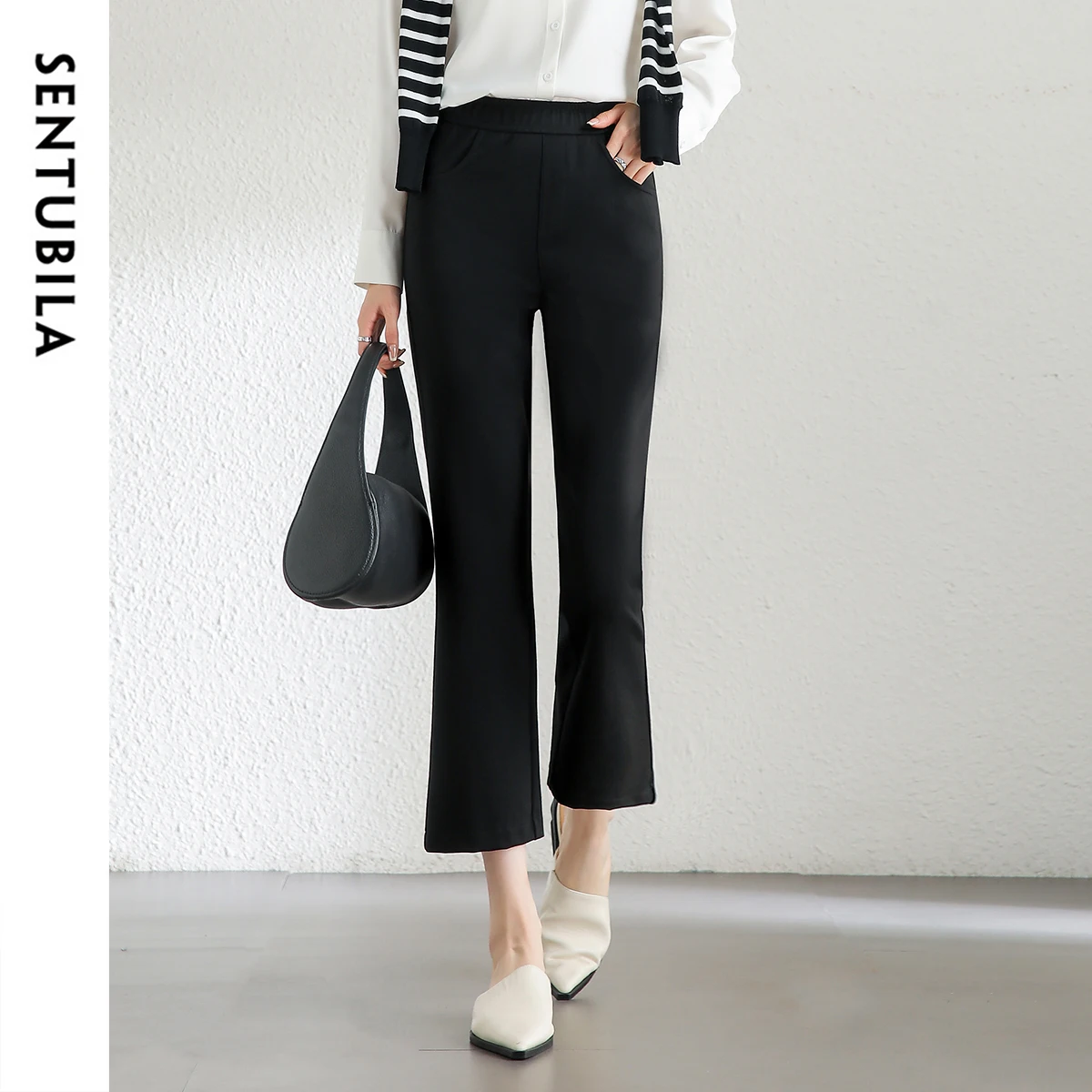 SENTUBILA Black Flare Pants Women 2025 Autumn Fashion Slim Fit Elastic Waist Slit-Hem Metal Button Casual Trousers 143K55732