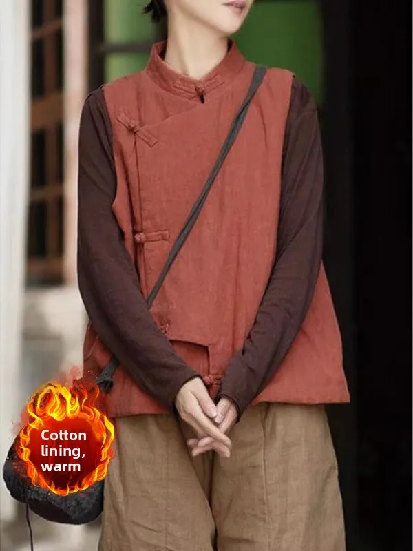 

Warm Cotton Vest Coat Large Size Women's Slanting Button Stand Collar Retro Versatile oulder Pad Top Autumn Faion Commute