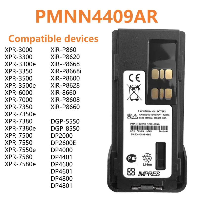 Pmnn4406 Pmnn4407 Pmnn4409 batería Pmnn4412 para Motorola Radio Xir-P8668 Xir-P8608 Dp4000 Xpr-3300 Xir-P8628 Walkie Talkie