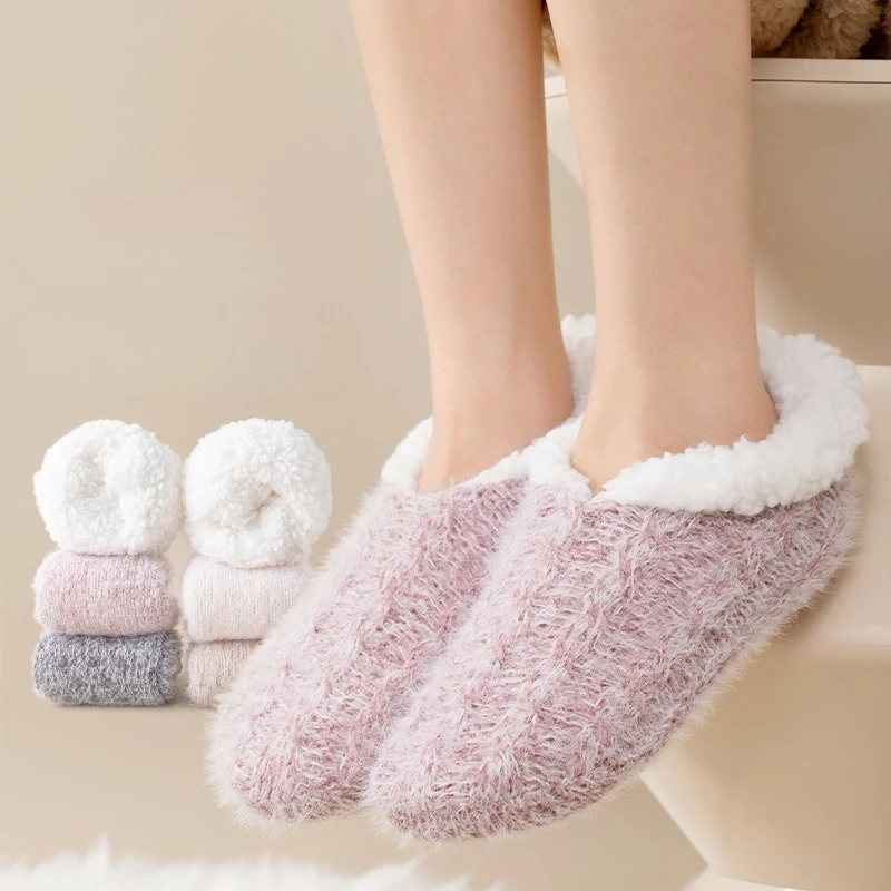 

Носки из овечьей шерсти, женские осенние и зимние утепленные теплые плюшевые домашние нескользящие носки-тапочки для сна