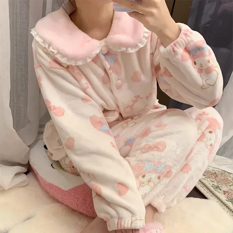 Sanrio Melody Winter Cotton Fleece Thickened Warm Women\'s Pajamas Silk Pajamas Women\'s Cartoon Homewear Pajamas Pants Set