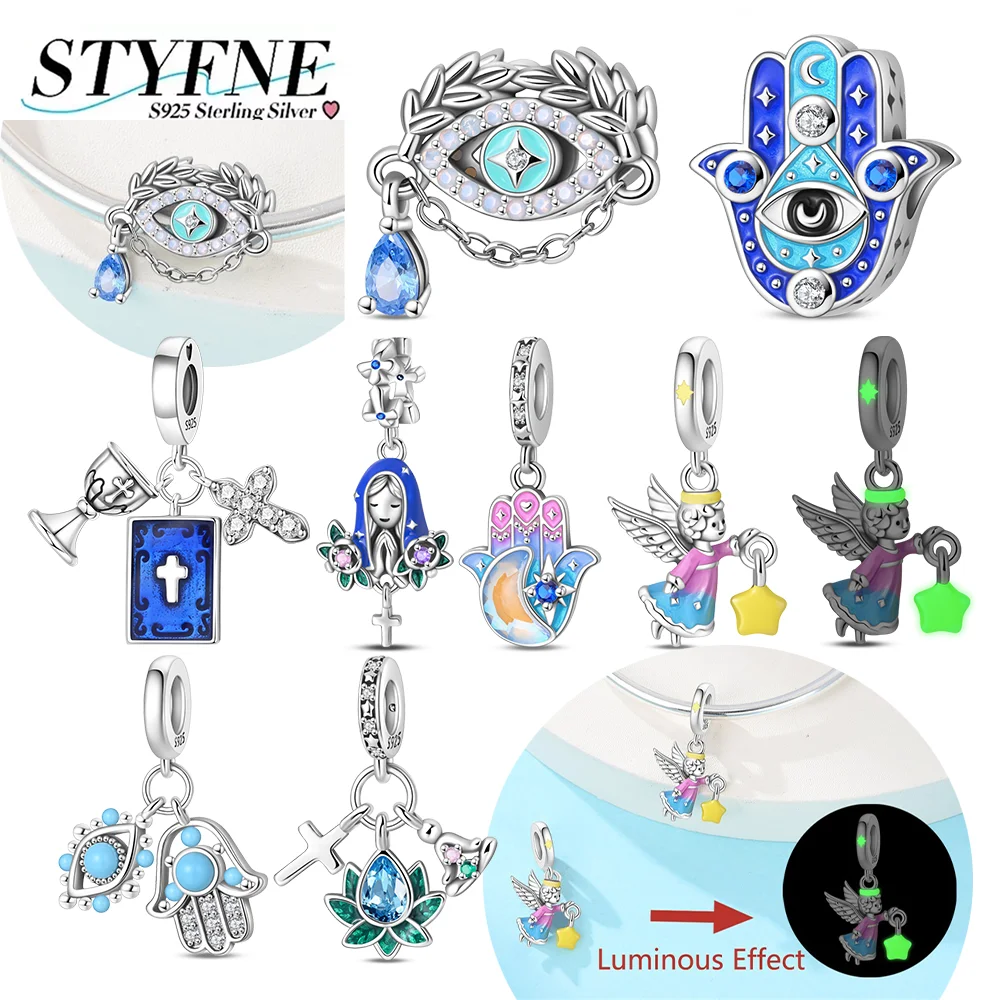 

S925 Silver Religious Charms Blue Guardian Hand Beads Lantern Angel Luminous Pendant Fit Original Bracelet Diy Fine Jewelry Gift