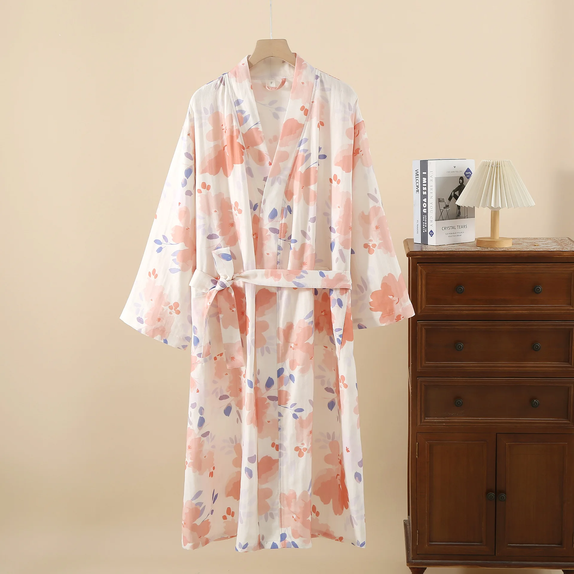 

New 100% Cotton Ladies Bathrobe Double Cotton Yarn Spring Summer Thin Long Hotel Bathrobe Gauze Nightgown