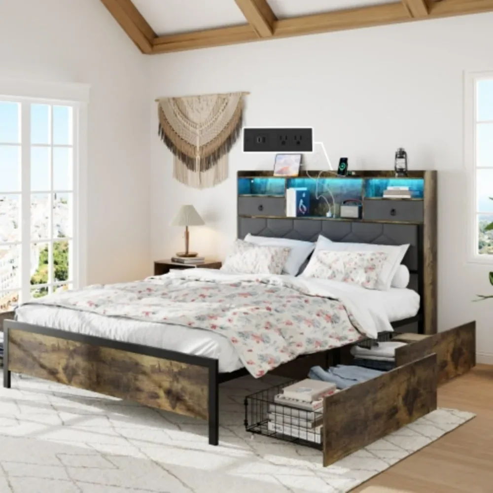 

Queen Bed Frame with Storage Headboard, Wooden Bed Frame with 47.2" Bookcase Headboard, 4 Storage Drawers & Charging Station