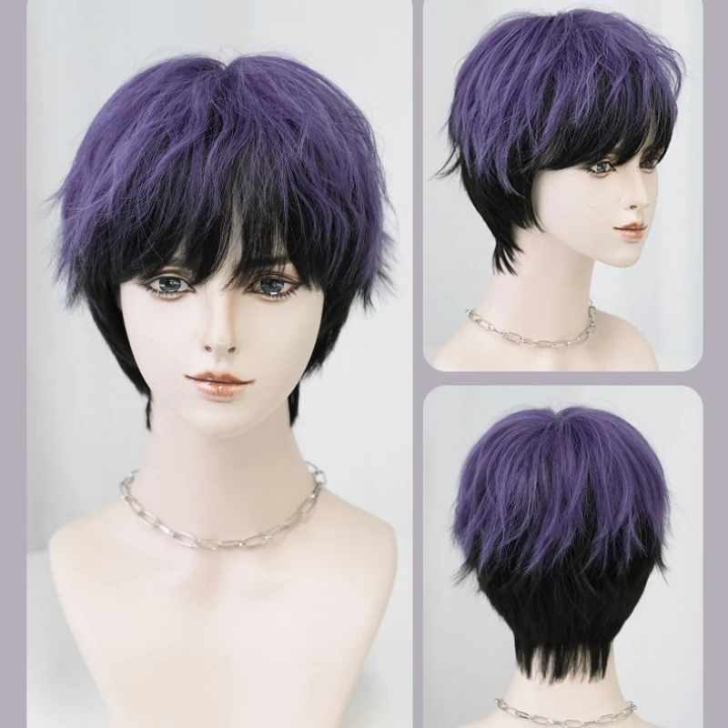 شعر مستعار، شعر قصير محايد، ألياف COS، شعر مقلد، أرجواني داكن، شعر بوب مصبوغ، شعر مستعار قصير