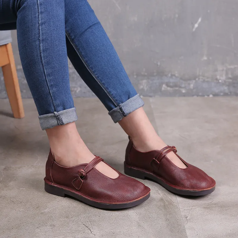 Women Genuine Leather Flat Platform Shoes Ladies Buckle Strap Flat Shoes Round Toe soft Retro drive Classics womens shoes 2023