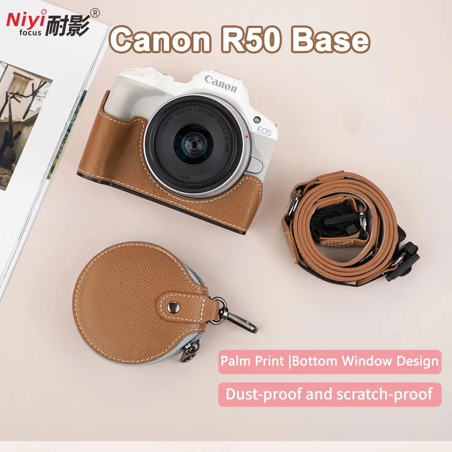 Retro Camera Half Case for Canon R50 Protective Case Palm Print Leather Dust-proof Bottom Window Design with 1/4 Screw EOS R50