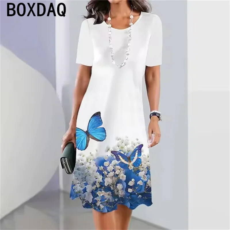 3D Colorful Butterfly Flowers Pattern Casual Dress Women Short Sleeve A-Line Dress Big Size Summer Beach Elegant Party Dress