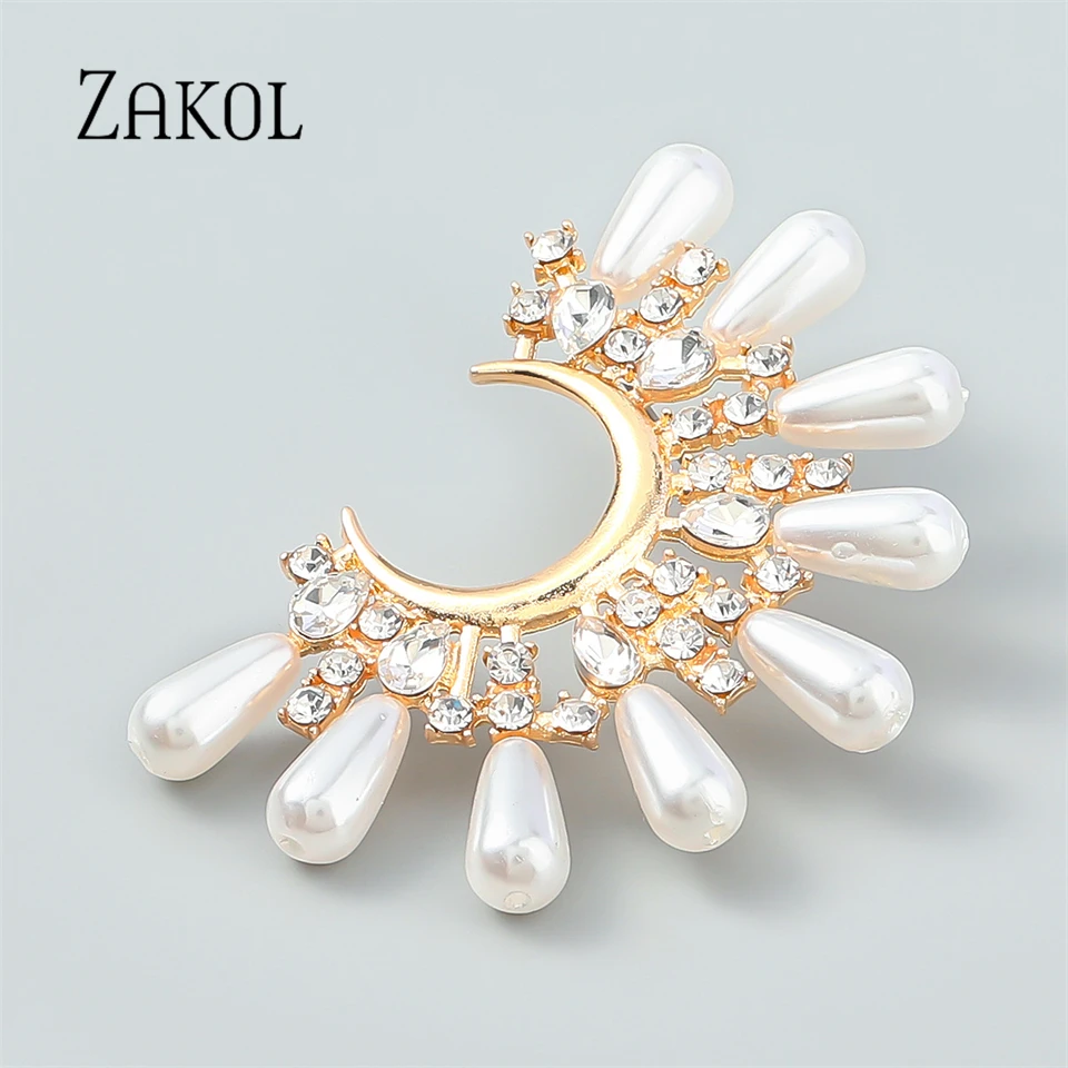 ZAKOL New Big Imitation Pearls Stud Earrings For Women Moon Shape Crystal Rhinestones Earrings Party Jewelry Gifts