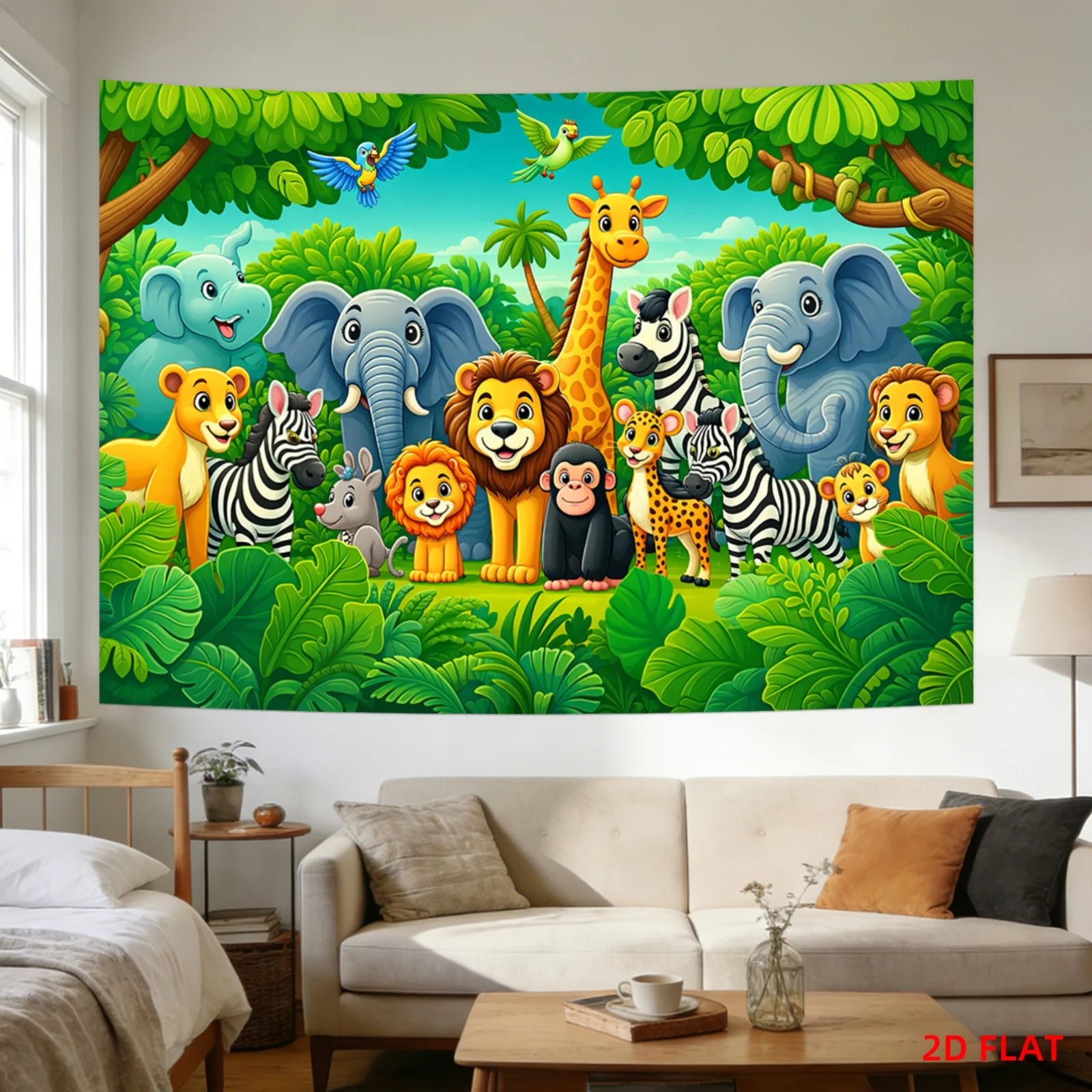 Jungle Animal Tapestry with Elephants Giraffes Lions Zebras Monkeys and Green Foliage 180x280cm Wall Decor