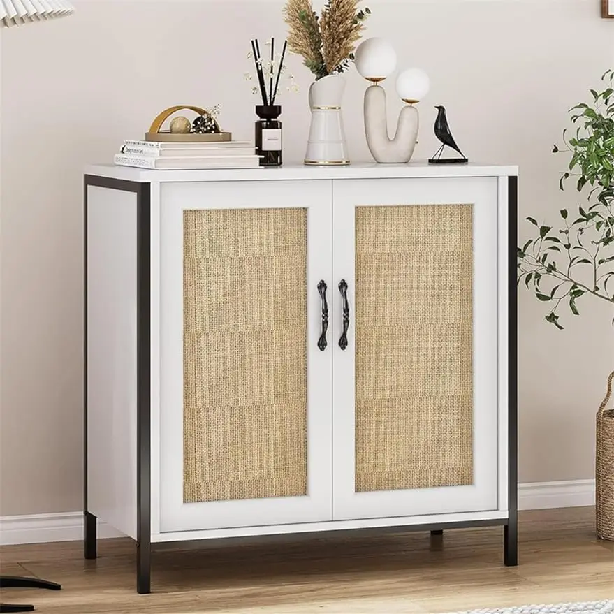 

Accent Morden Sideboard Buffet Cabinet, Rattan Storage Cabinet with Doors and Shelf, Console Cabinet with Metal Frame