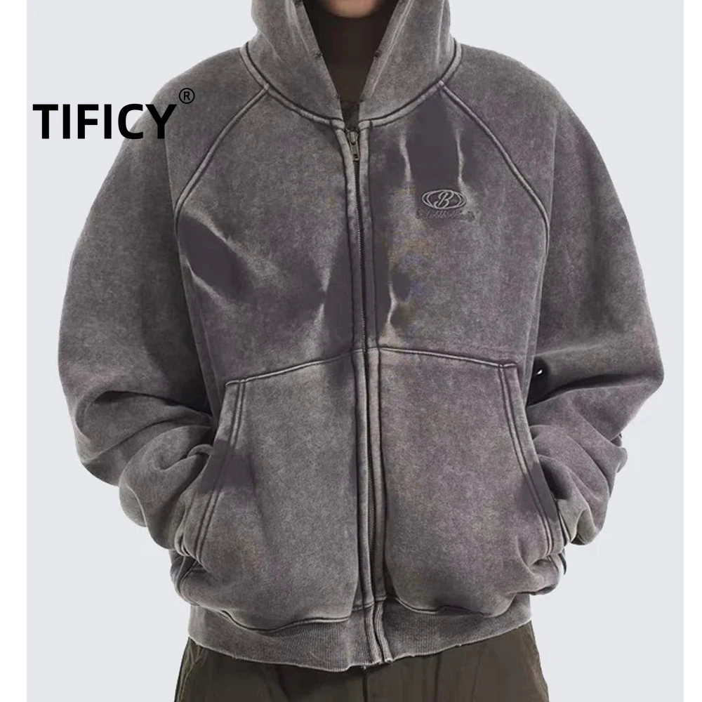 

High Street Hooded Sweatshirts Tops Men's Winter Vintage Washed Pleated Sleeveless Hoodies Embroidered Jacket with Velvet