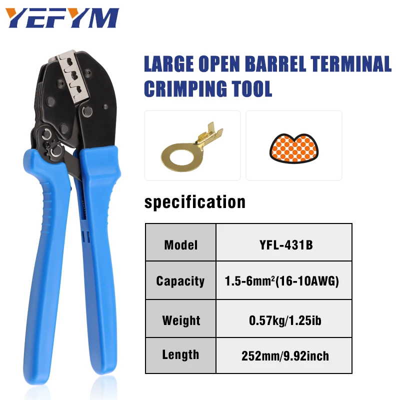 For Open Barrel Terminals YFL-431B Wire Crimping Pliers 6.3/8.2/10.2mm Spade 16-10AMG Crimping Tools Manual Crimp Fold Tools