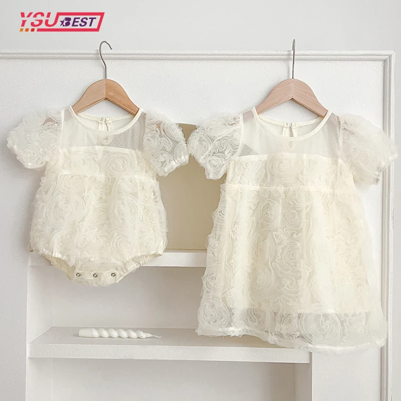 Sister Look Dress Summer Infant Clothes Sister Embroidery Baby Girl Petal Collar Romper Elegant Princess Birthday Party Dress