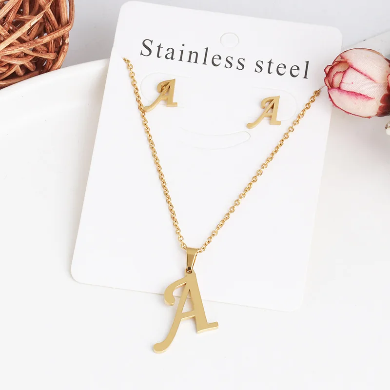 Charm Stainless Steel 26 Letter Initial Pendant Necklace for Women Chain Stud Earring Jewelry Set Name Alphabet Choker Gift