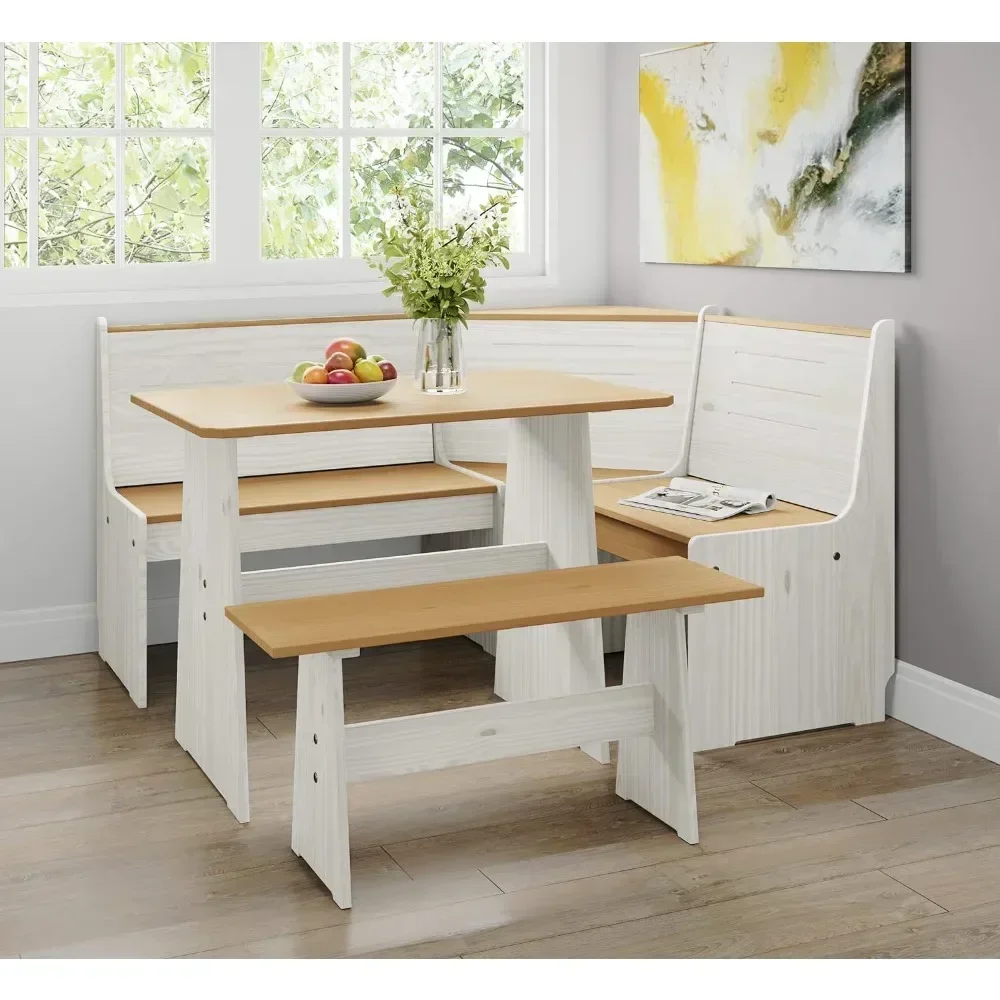 

3/5PCS 2 Tone Natural/White Solid Wood Corner Dining Set, Reversible Breakfast Nook Urban Home Furniture